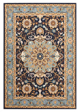 Hand-tufted blue and beige wool rug with traditional floral patterns in a classic style.